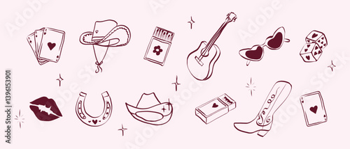 Cowgirl set in hand drawn coquette style. Vintage whimsical symbols with bow for bachelorette and girls birthday party. Trendy art for rodeo holidays banner. Doodle vector illustration