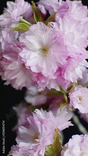 Vertical pink blooming sakura cherry blossom flowers come into focus against black