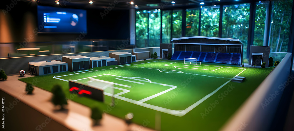 Obraz premium A miniature football pitch with a training facility, locker rooms, and audience stands, displayed in a corporate meeting room.