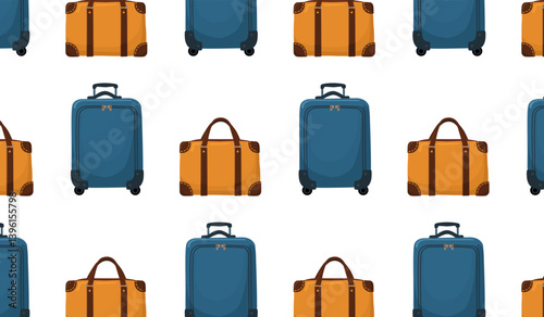 Seamless pattern with travel bags. Background with brown Travel suitcase and blue wheeled bag with handle. Print Vector flat illustration with luggage. Carry-on baggage. EPS 10