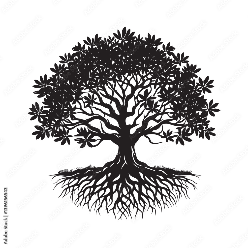 Naklejka premium Mangrove Tree Vector Silhouette, Coastal Nature Tree Outline, Unique Root System Clipart for Wall Art, Logos, Stickers, Apparel, Digital Prints, Crafts, Posters, and Home Decor.