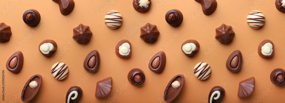 Tasty chocolate candies on color background