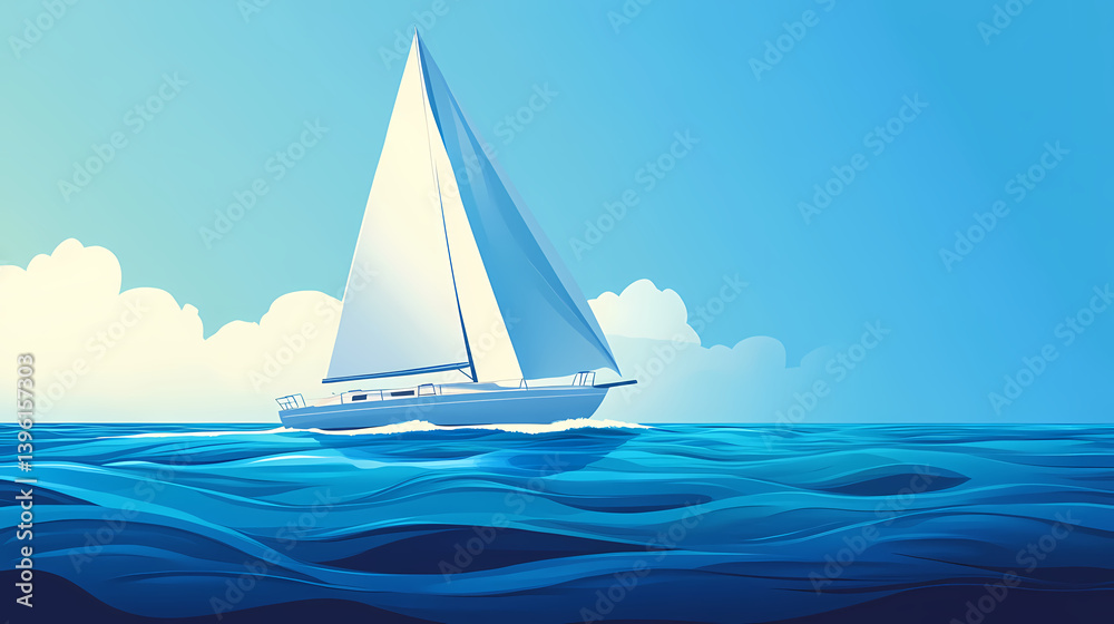 Naklejka premium A pristine sailboat gently cruising across deep blue ocean waters. Wandering Brine. Illustration