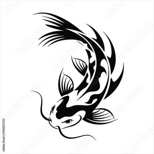 Koi Fish Tattoo Black White Swirl Fins Vector Illustration