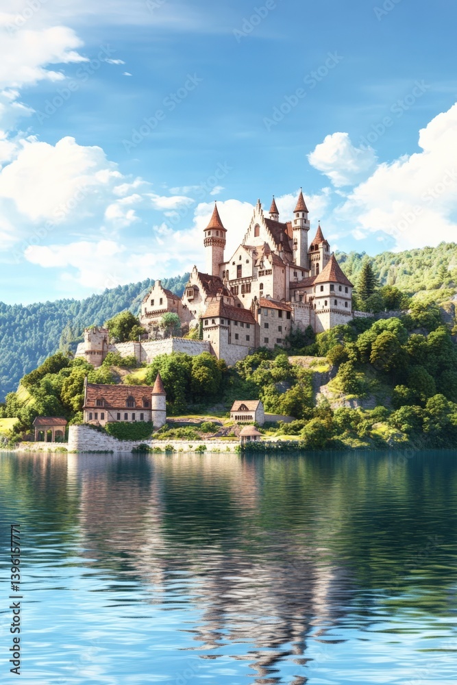 Old Scottish castle on a serene lake surrounded by lush green hills under a clear sky Old Scottish castle on a serene lake surrounded by lush green hills under a clear sky
