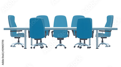 Modern Office Meeting Setup with Blue Chairs and Long Table for Professional Discussions