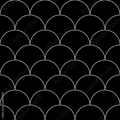 Fish scale wallpaper. Asian traditional ornament with repeated scallops. Repeated white curves on black background. Seamless surface pattern design with semicircles. Grid motif. Digital paper. Vector.