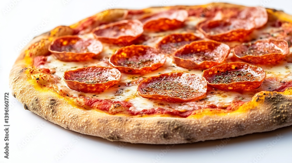 Thin crust pepperoni pizza with visible tomato and cheese layers isolated on white Thin crust pepperoni pizza with visible tomato and cheese layers isolated on white