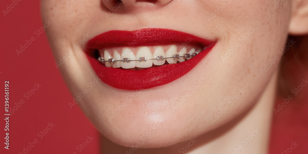 Fototapeta premium Female smile, teeth with bracket system, bright painted lips, colored background