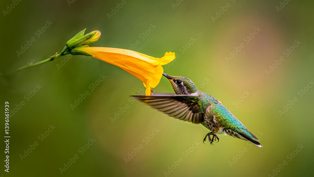Fototapeta premium A peaceful dawn scene where a small hummingbird sips nectar from a flower, kissed by the soft sunshine of early morning.