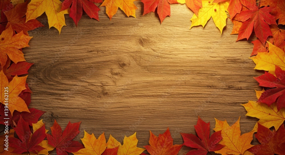 Obraz premium Autumn Leaves Framing Wooden Background for Seasonal Decor 