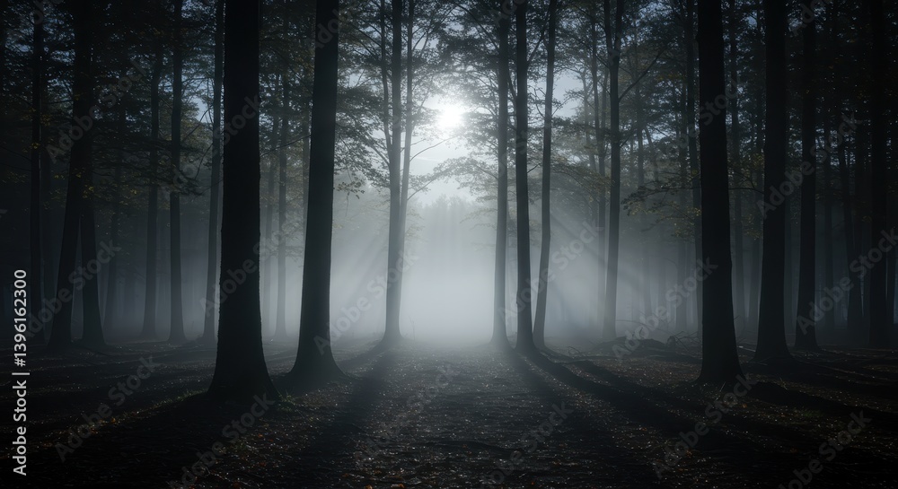 Fototapeta premium Misty forest landscape with sunlight beams and tall trees