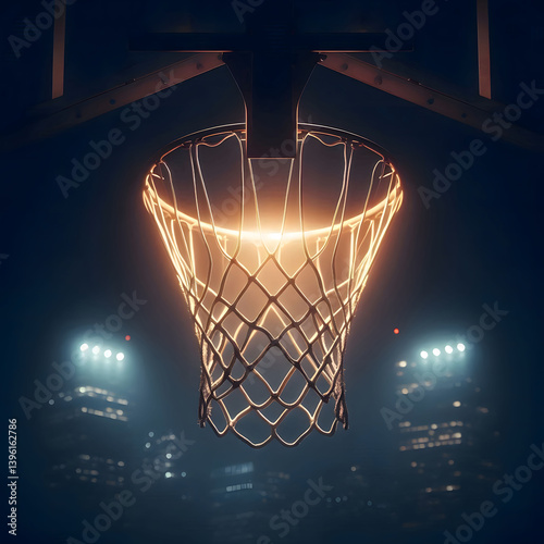 Basketball net with spotlight illuminated in the background. 