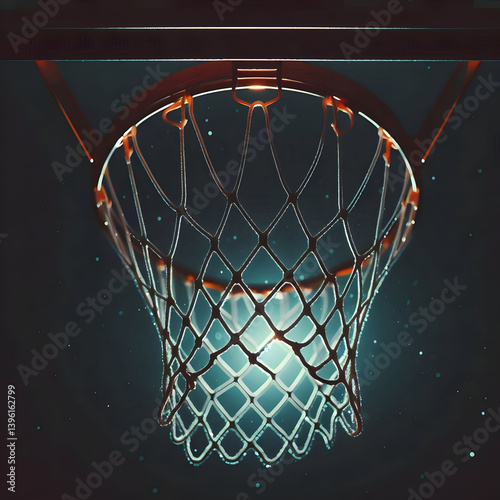 Basketball net with spotlight illuminated in the background. 