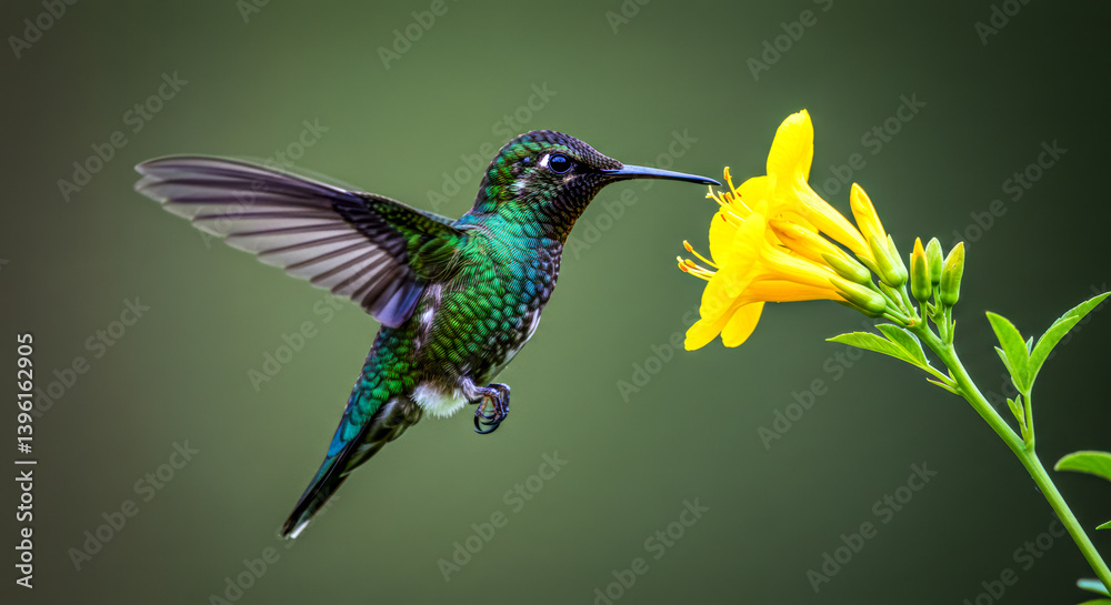Fototapeta premium A peaceful dawn scene where a small hummingbird sips nectar from a flower, kissed by the soft sunshine of early morning.