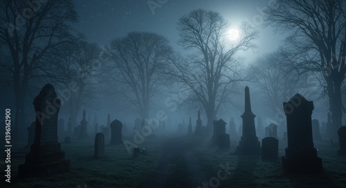 Mysterious graveyard at night with fog and moonlight  