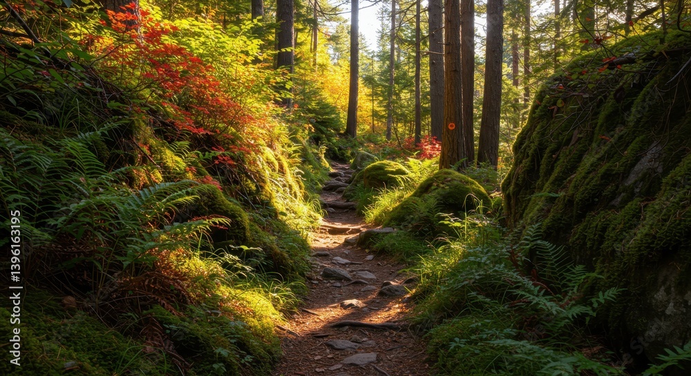 Obraz premium Serene forest path illuminated by autumn sunlight 