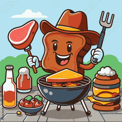 Fun BBQ Chef Illustration – Grilling Master with Delicious Foods