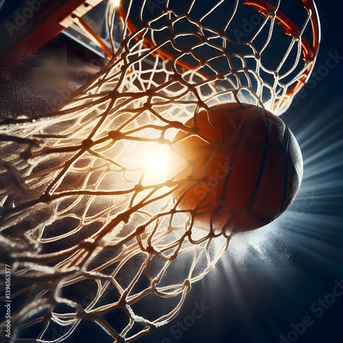 Closeup of basketball inside the basketball net with speed and light illuminated in the background. 
Basketball scoring basket at a sports arena.
