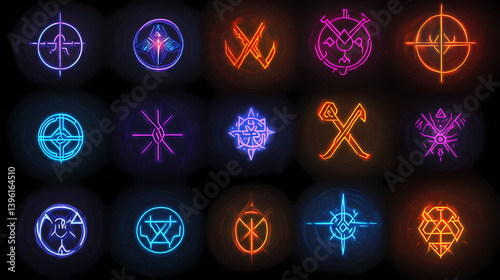 Runic symbols, mystical icons, glowing sigils on a black backdrop, enigmatic neon symbols. Warded Sigils. Illustration