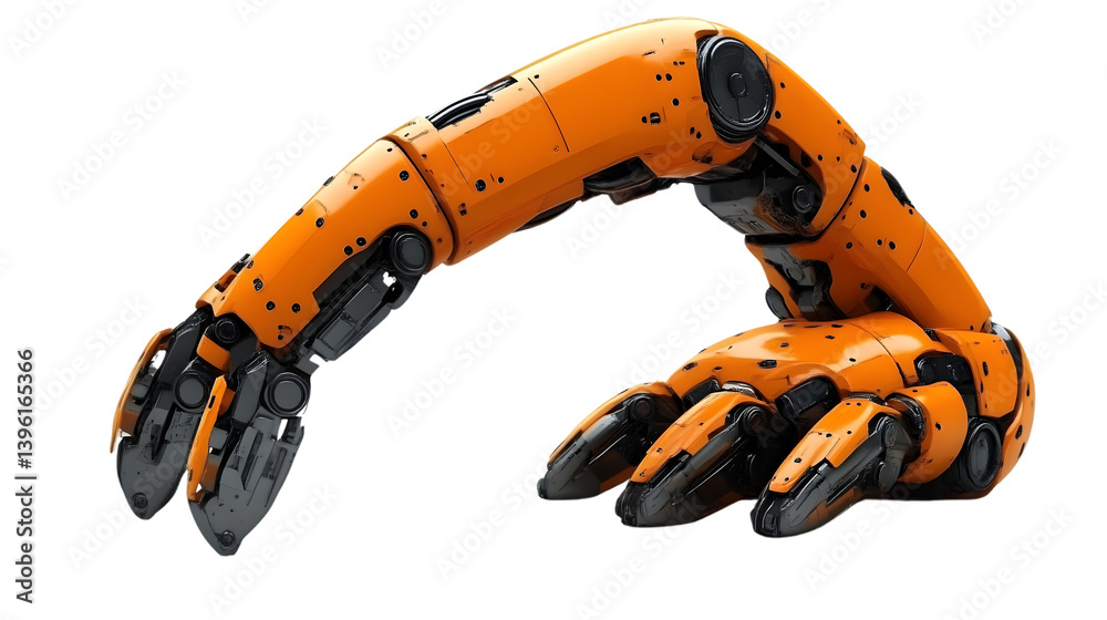 Robotic Arm in Action Futuristic Orange and Black Mechanical Limb with Advanced Joints and Art Robotic Arm in Action Futuristic Orange and Black Mechanical Limb with Advanced Joints and Art