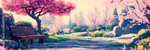 Anime-style template Zen garden blooming sakura, wooden bench, soft light, Peaceful banner poster invitation website header web cover illustration, Japanese, eastern background. Generative Ai content