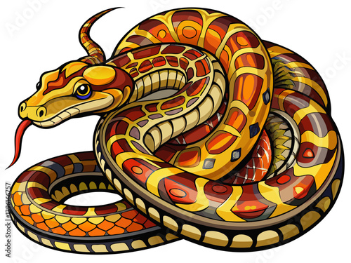 A vector illustration of a coiled python with intricate patterns, isolated on a white background