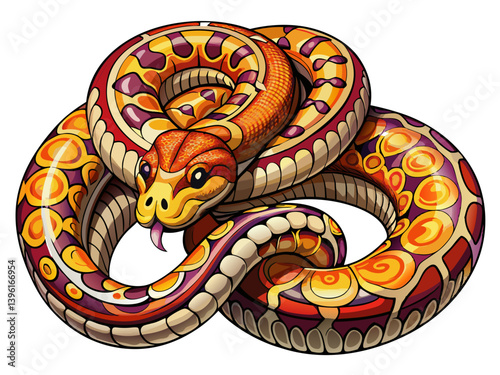 A vector illustration of a coiled python with intricate patterns, isolated on a white background