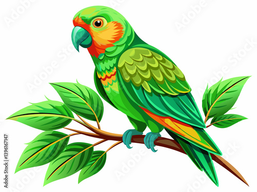 A vector illustration of a vibrant green parrot perched on a branch, isolated on a white background