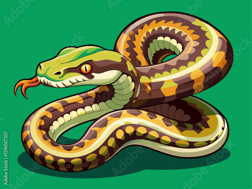 A high-quality vector of a large constrictor snake, placed on a solid green background