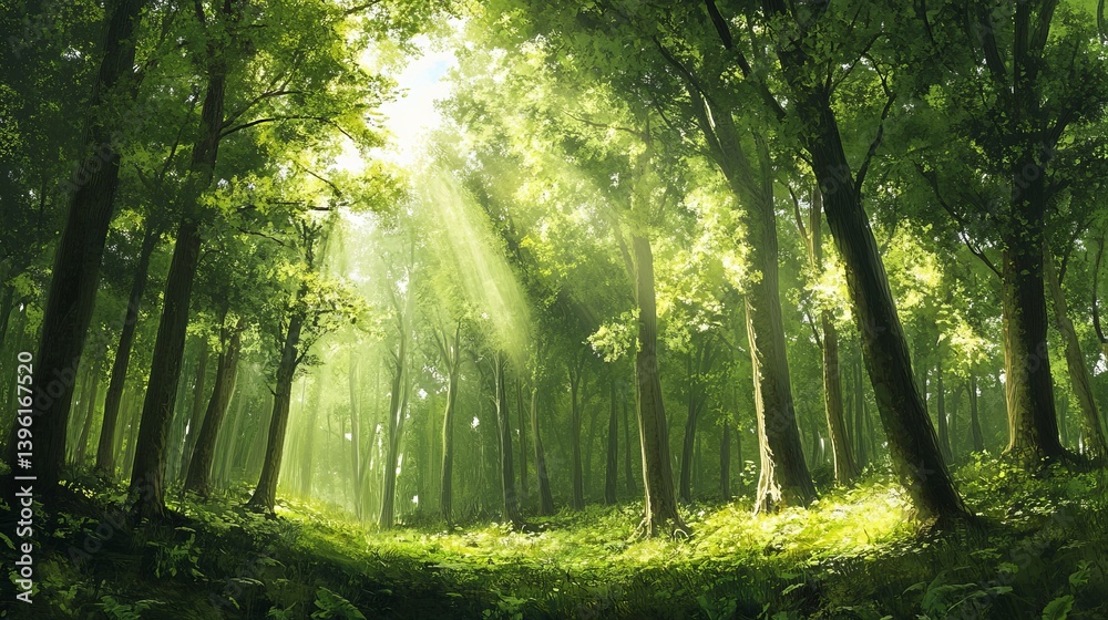 Fototapeta premium Sunlight streams through the dense canopy of a lush green forest illuminating the forest floor