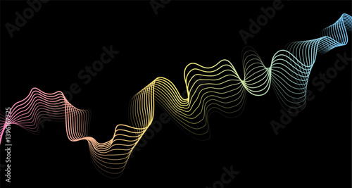 Futuristic geometric abstract shapes neon halftone pulsating wavy lines. Gradient iridescent rainbow sound wave on black background. Modern design for equalizer, audio recording. Vector