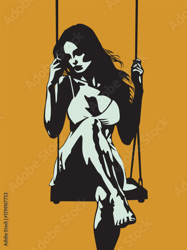 Sexy girl swinging on a swing. Vector illustration in black and white tones on a yellow background. for the design of your prints in the style of beauty and freestyle life