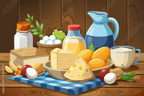 vector of Fresh dairy products and eggs on rustic wooden background. Milk, cottage cheese, butter, and yogurt showcase healthy farm-to-table ingredients.