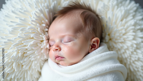 Nouveau-né. Bébé endormi enveloppé dans une couverture blanche, innocence et paix. Natalité. Démographie