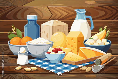 vector of Fresh dairy products and eggs on rustic wooden background. Milk, cottage cheese, butter, and yogurt showcase healthy farm-to-table ingredients.