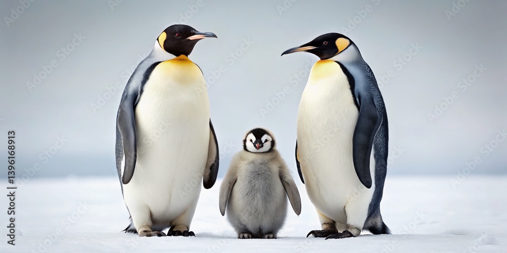 Fototapeta premium Minimalist Emperor Penguin Family Portrait - Isolated on White