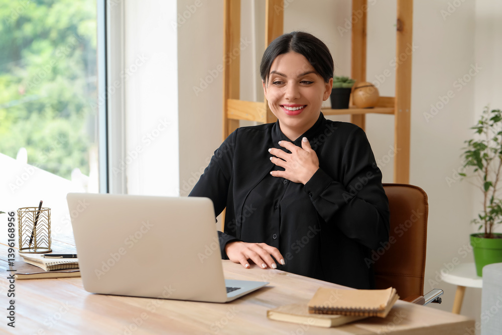 Beautiful woman having job interview online at home Beautiful woman having job interview online at home