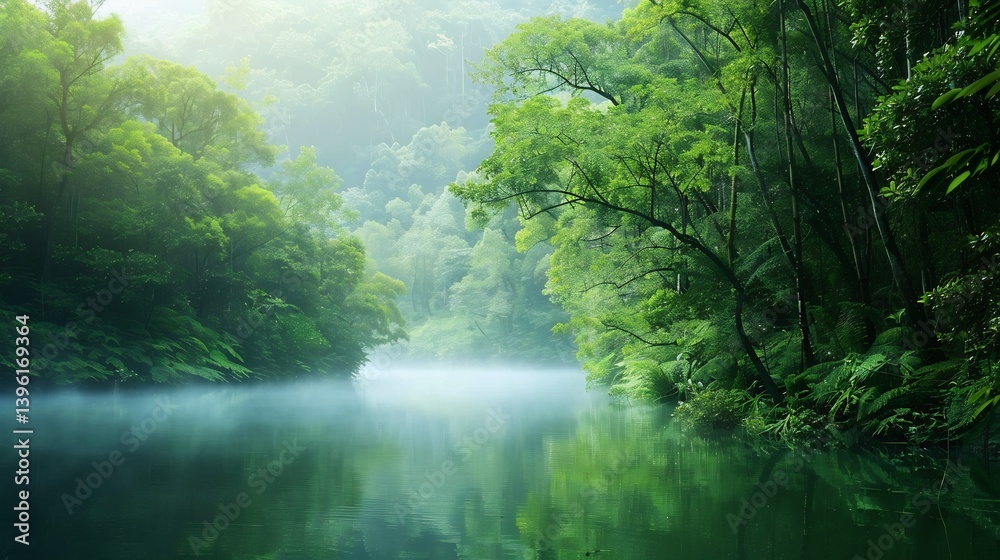 Fototapeta premium Tranquil lake surrounded by dense forests with early morning mist evoking peace and stillness perfect for meditation relaxation and wellness focused campaigns