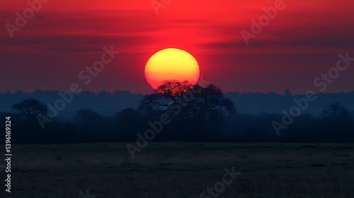 Sunrise, Field, Silhouette, Trees