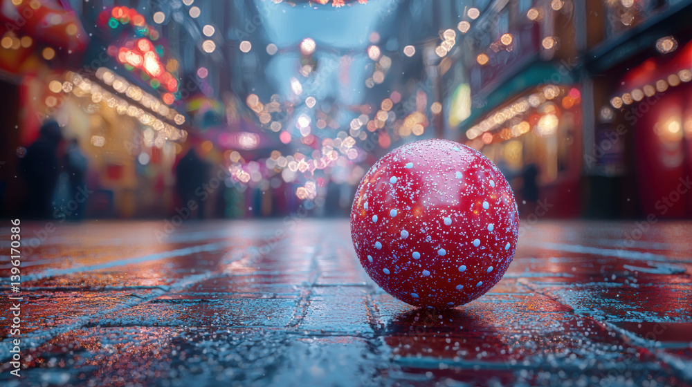 Fototapeta premium A glistening red Christmas ornament rests on a wet cobblestone street amidst a blurry background of festive holiday lights and bustling Christmas market crowds du a snowy