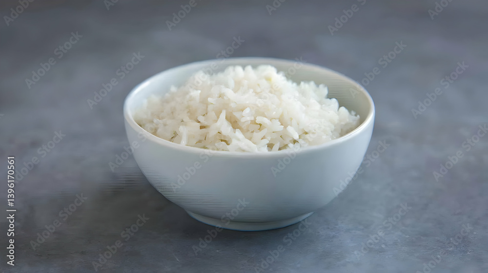 White Bowl Of Cooked Rice On Gray Background White Bowl Of Cooked Rice On Gray Background