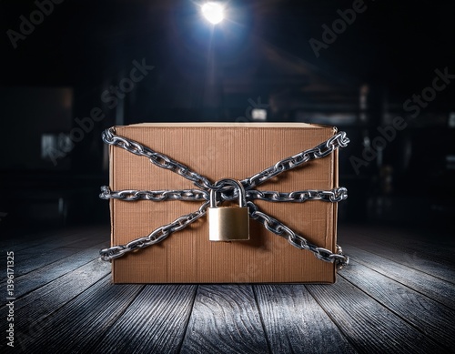 Cardboard box secured with chains and padlock on wooden floor photo
