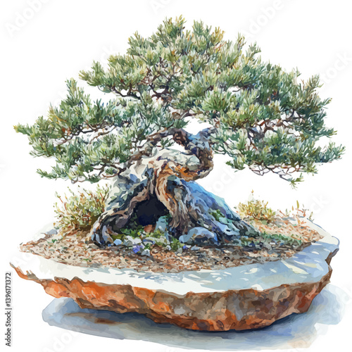 Juniper Bonsai, watercolor illustration, isolated on a white background.

