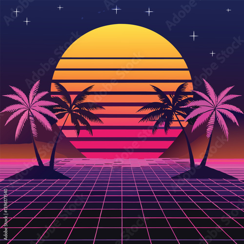 A neon palm tree with a cyberpunk sunset on a beach, tropical island paradise, with palm trees under a summer sunset sky