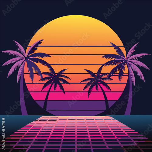 A neon palm tree with a cyberpunk sunset on a beach, tropical island paradise, with palm trees under a summer sunset sky