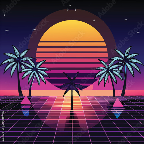 A neon palm tree with a cyberpunk sunset on a beach, tropical island paradise, with palm trees under a summer sunset sky