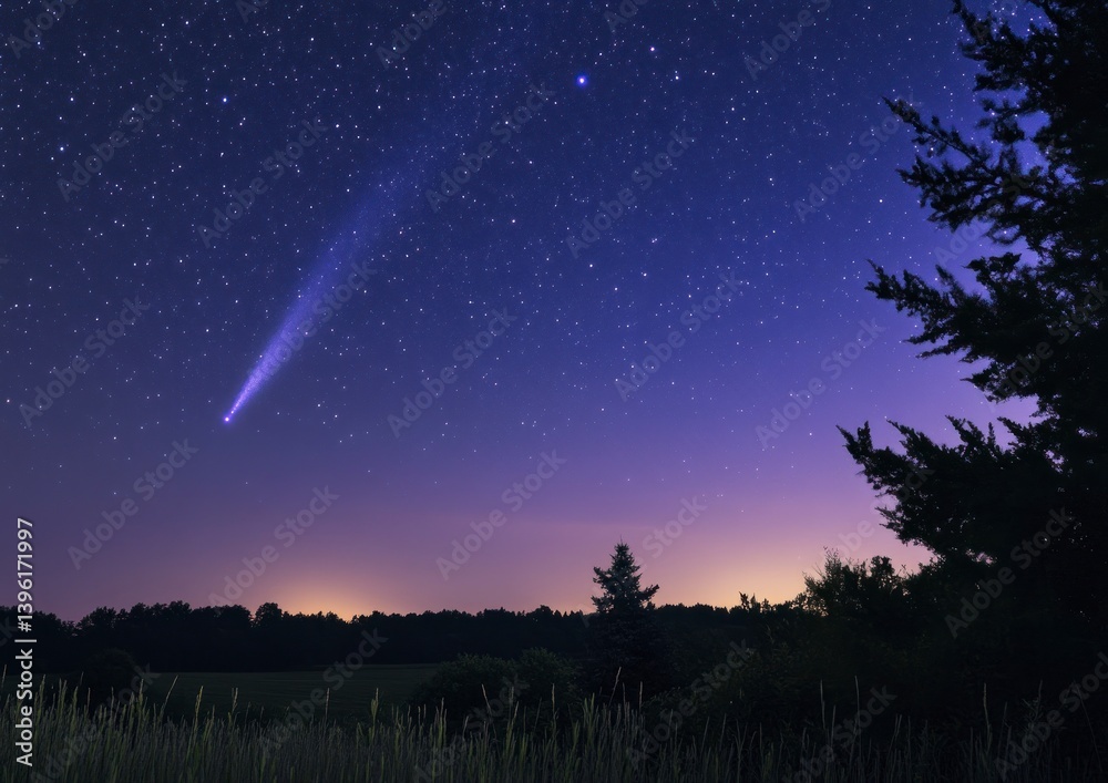 Fototapeta premium Comet Neowise Shines Over Rural Landscape During Night Sky Event