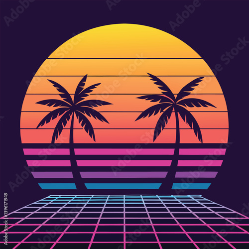 A neon palm tree with a cyberpunk sunset on a beach, tropical island paradise, with palm trees under a summer sunset sky