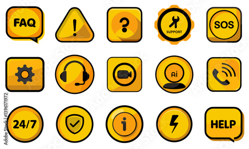 Icon Set for Support and Assistance in Yellow Colors  